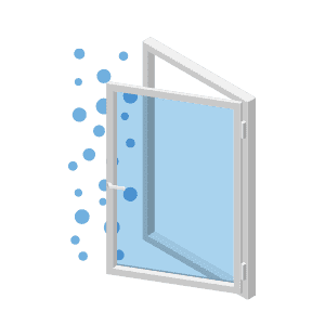 Blaues Fenster das Offen steht.