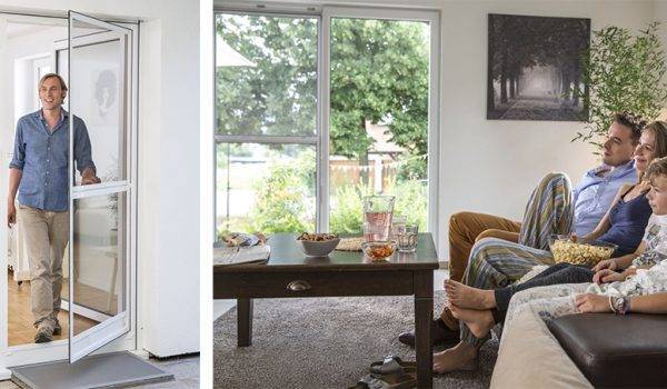 2 Bilder nebeneinander. links läuft ein junger Mann durch eine halb geöffnete Fliegengitter Pendeltür und rechts sitzt eine Familie auf dem Sofa am fernsehen. Dabei ist die Terrassentür geöffnet und die Fliegengitter Pendeltür geschlossen