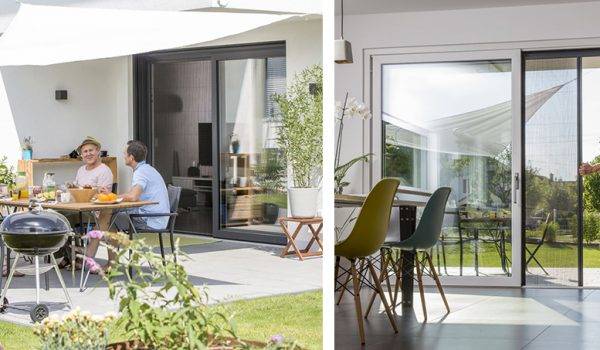2 Bilder nebeneinander. Rechts läuft ein Mann von innen nach aussen durch die Terrassetür und öffnet dabei ein Insektenschutzplissee. Links sitzen Freunde aussen auf der Terrasse unter einem Sonnensegel. Die Hebeschiebetür ins Haus ist durch ein Insektenschutzplissee geschützt.