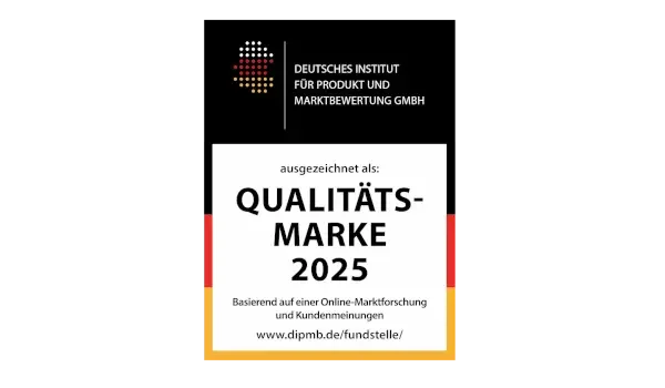 Siegel des Deutschen Instituts für Produkt- und Marktbewertung GmbH mit der Auszeichnung „Qualitätsmarke 2025“. Darunter steht: „Basierend auf einer Online-Marktforschung und Kundenmeinungen“.