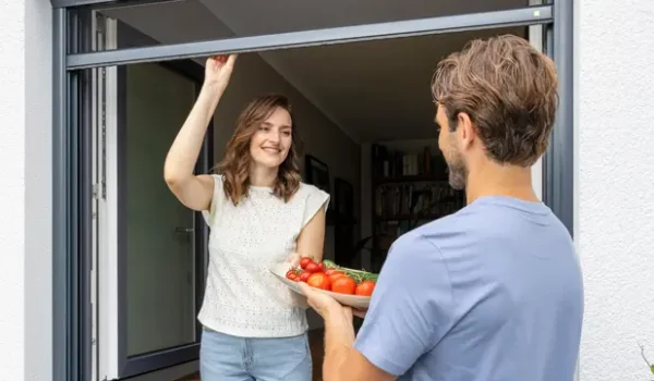 Frau bedient Mückengitter Rollo am Fenster für flexiblen Insektenschutz