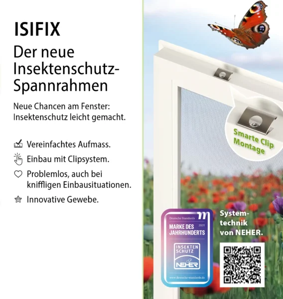 ISIFIX Fliegengitter Klemmrahmen System: Insektenschutz-Spannrahmen mit smarter Clip-Montage am Fenster.
